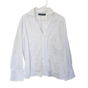 Harve Benard by Benard Holtzman White Button Down V-Neck BlouseLong Sleeve Shirt